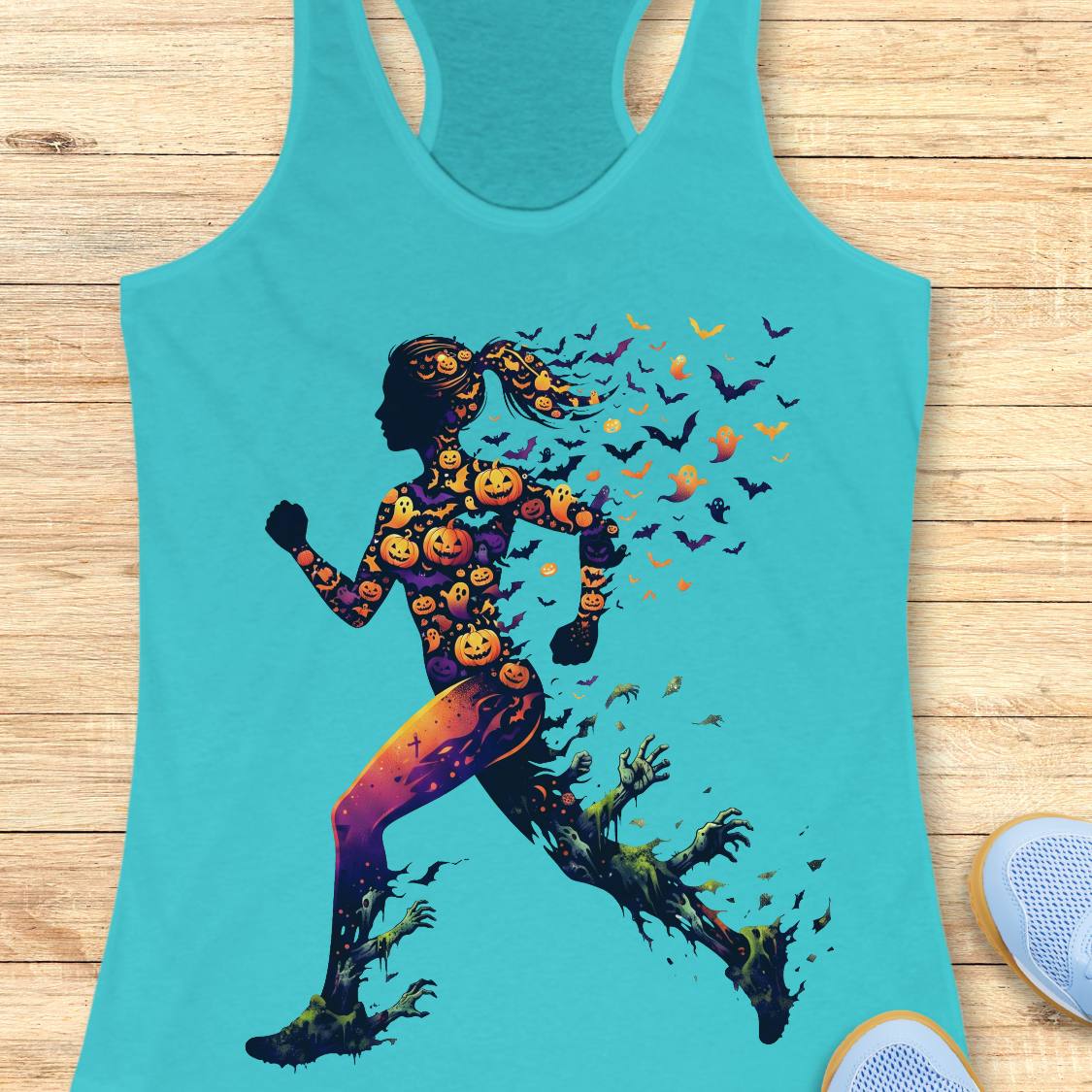 A turquoise racerback tank top laid flat on a light wood surface, featuring a large Halloween-themed graphic of a running silhouette filled with pumpkins and surrounded by bats and ghosts.