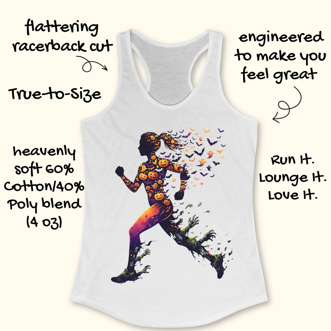 White racerback tank top with a colorful graphic of a running woman made of pumpkins and bats, surrounded by promotional text on a light cream background.