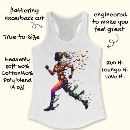 White racerback tank top with a colorful graphic of a running woman made of pumpkins and bats, surrounded by promotional text on a light cream background.