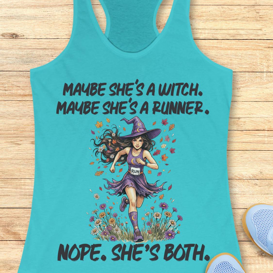 A turquoise racerback tank top laid flat on a light wood surface, featuring a printed graphic of a witch-like woman running through flowers with the text 'MAYBE SHE'S A WITCH. MAYBE SHE'S A RUNNER.