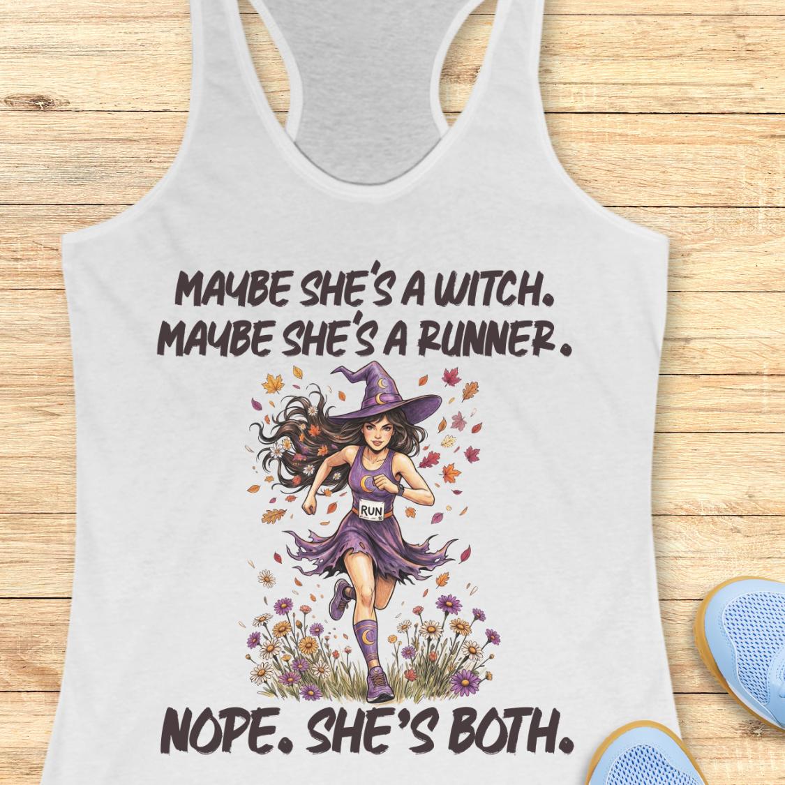 A white racerback tank top with a graphic print of a female runner dressed as a witch, surrounded by autumn leaves and flowers. The text reads 'MAYBE SHE'S A WITCH.