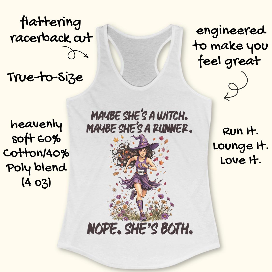 A white racerback tank top with a colorful witch and runner graphic on the front, surrounded by promotional text callouts on a light cream background.