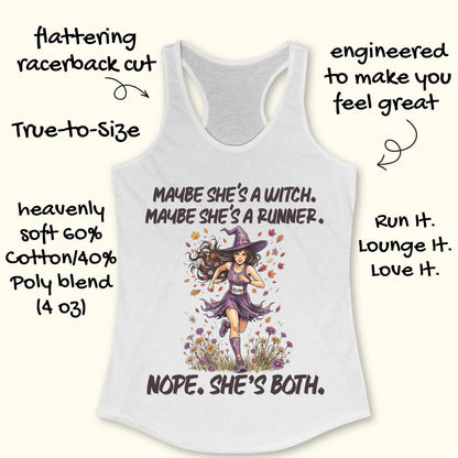 A white racerback tank top with a colorful witch and runner graphic on the front, surrounded by promotional text callouts on a light cream background.