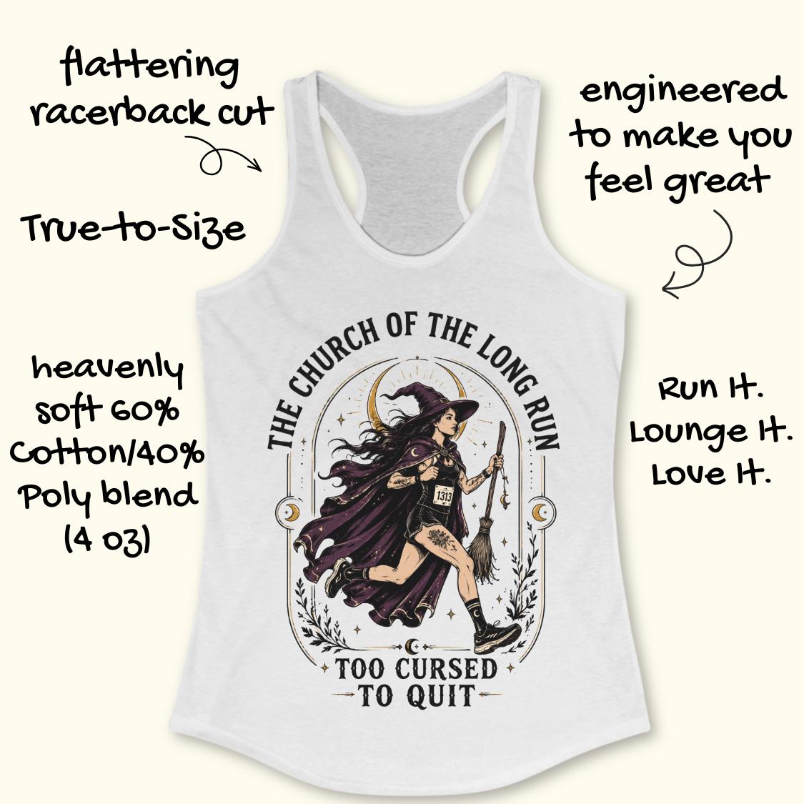 A white racerback tank top with a graphic of a witch riding a broomstick, surrounded by text callouts highlighting product features and slogan text on a light beige background.