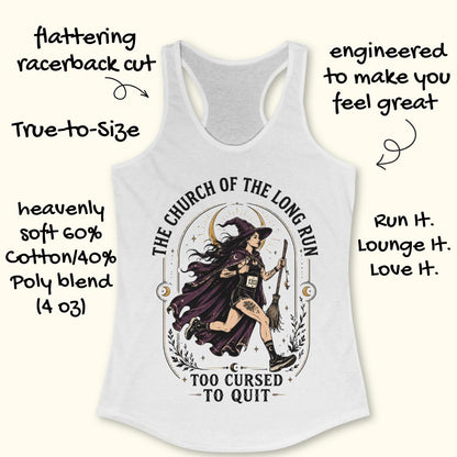 A white racerback tank top with a graphic of a witch riding a broomstick, surrounded by text callouts highlighting product features and slogan text on a light beige background.