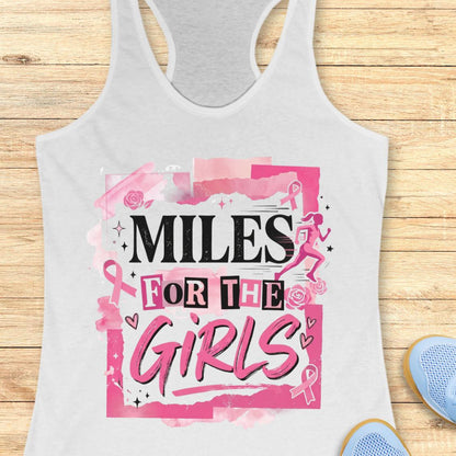 A white racerback tank top with a pink and black graphic that reads 'MILES FOR THE GIRLS' in stylized lettering, surrounded by pink ribbon motifs and small runner silhouettes, shown on a wooden plank background with partial blue shoes at the edges.