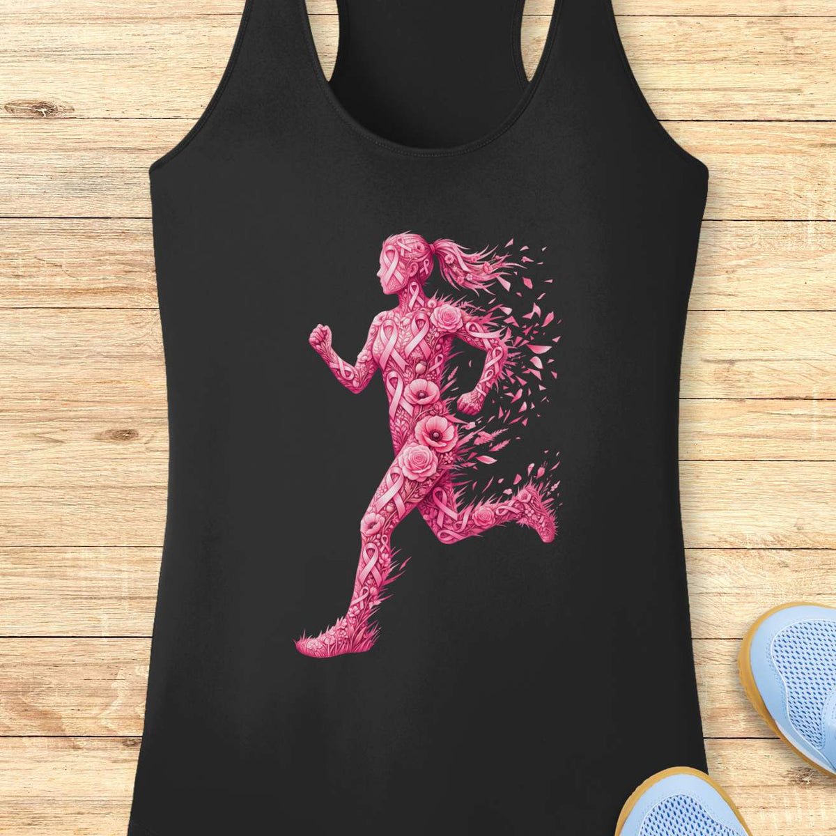 A black racerback tank top featuring a pink graphic of a running female figure made of roses, displayed flat on a light wood background with sneakers partially visible at the bottom right.