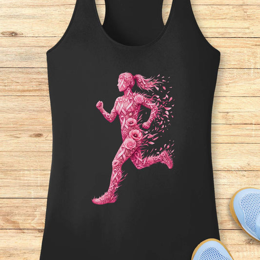 A black racerback tank top featuring a pink graphic of a running female figure made of roses, displayed flat on a light wood background with sneakers partially visible at the bottom right.