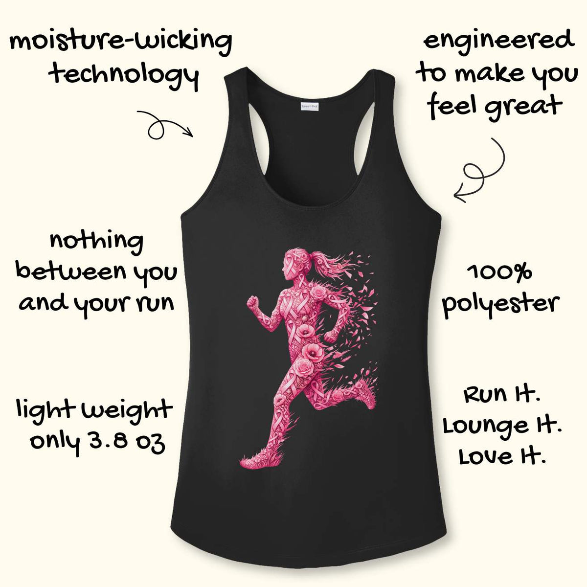 A black racerback tank top with a pink running figure graphic on the front, surrounded by hand-drawn text callouts highlighting product features and benefits on a light cream background.