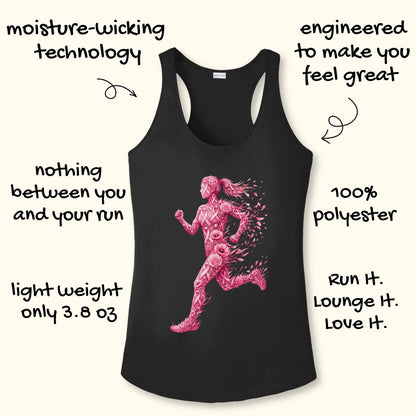 A black racerback tank top with a pink running figure graphic on the front, surrounded by hand-drawn text callouts highlighting product features and benefits on a light cream background.