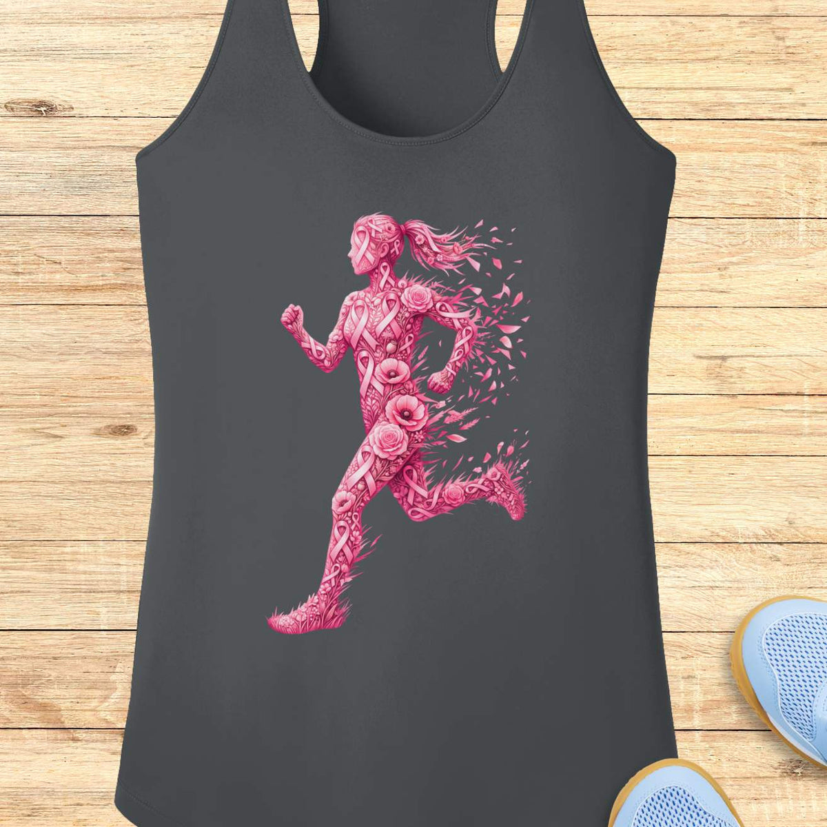 A dark gray racerback tank top featuring a pink graphic of a running woman made of roses, displayed on a light wood background with partial blue sneakers visible at the bottom right.