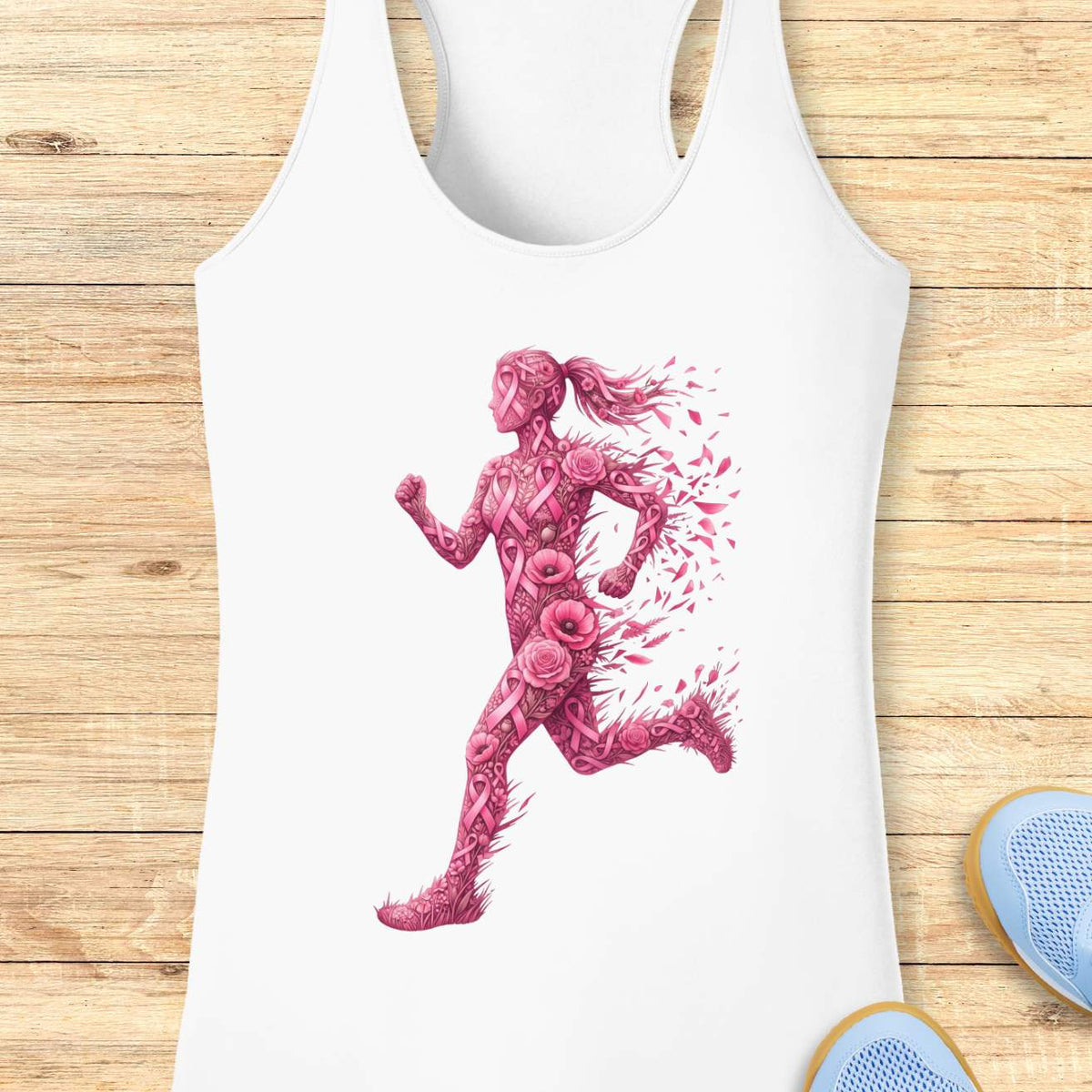 A white racerback tank top featuring a pink graphic of a running female figure made of roses, displayed on a light wood plank background with blue sneakers partially visible at the bottom right.