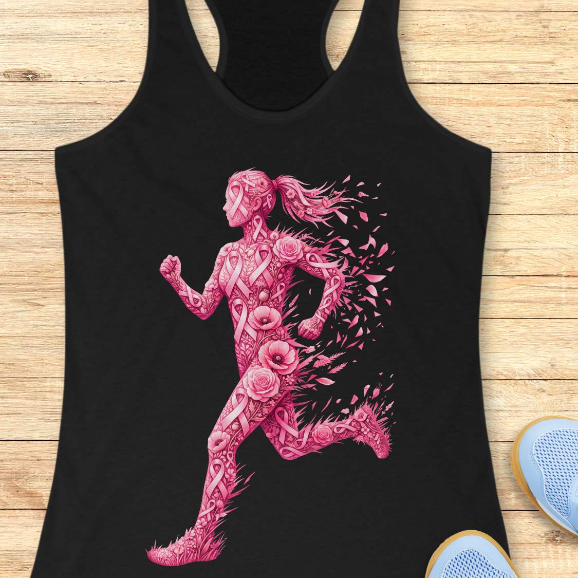 A black racerback tank top laid flat on a light wood surface, featuring a large pink graphic of a running female figure made of floral and ribbon-like patterns. Part of a blue shoe is visible at the bottom right as a styling prop.
