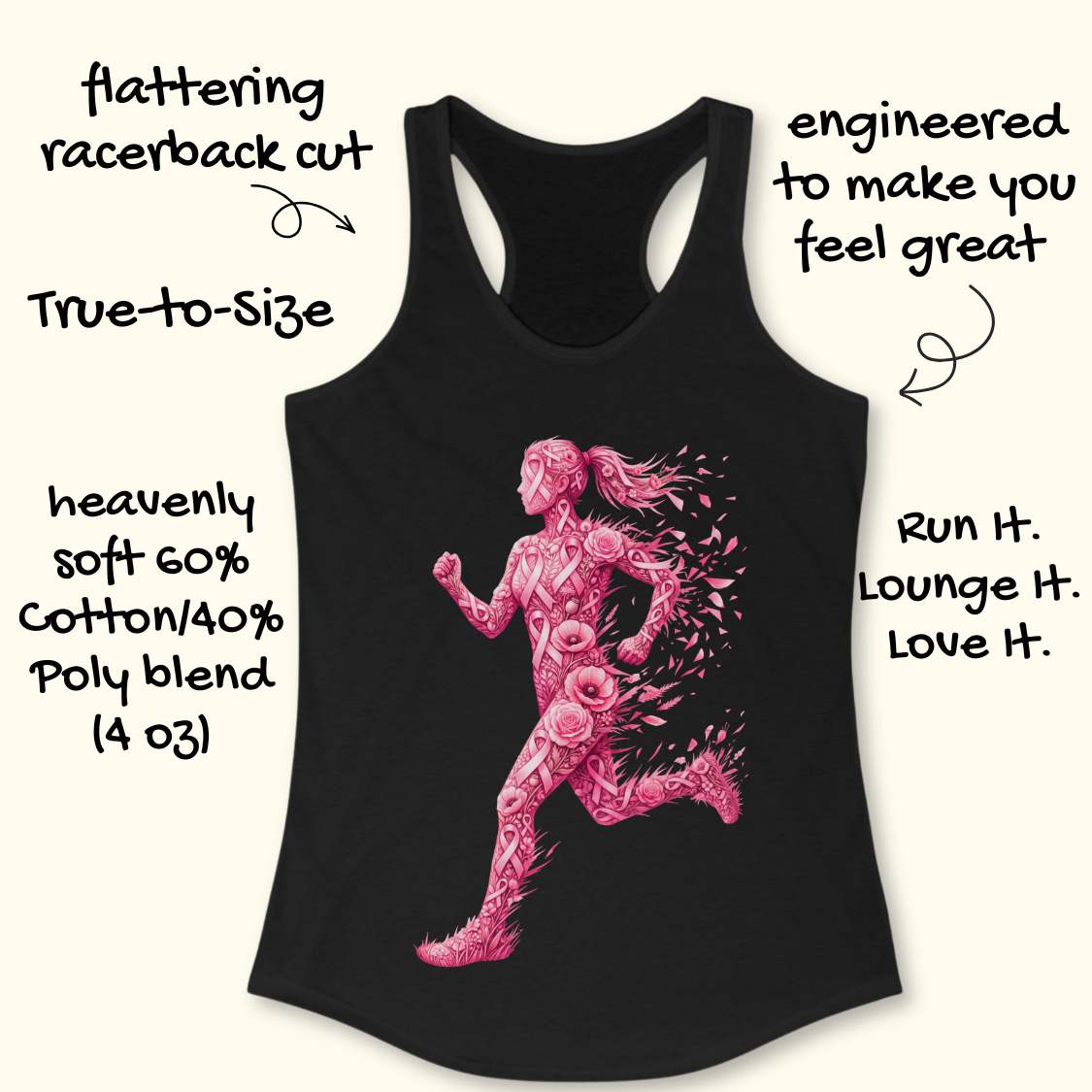 A black racerback tank top with a pink running woman graphic made of roses, shown on a light beige background with decorative text callouts around it.