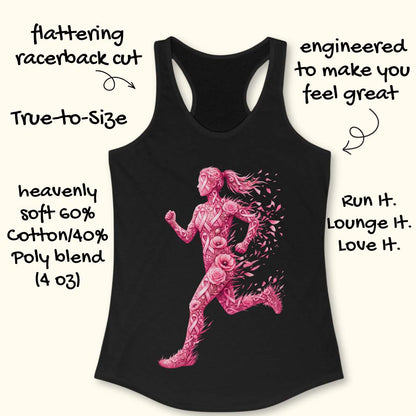 A black racerback tank top with a pink running woman graphic made of roses, shown on a light beige background with decorative text callouts around it.