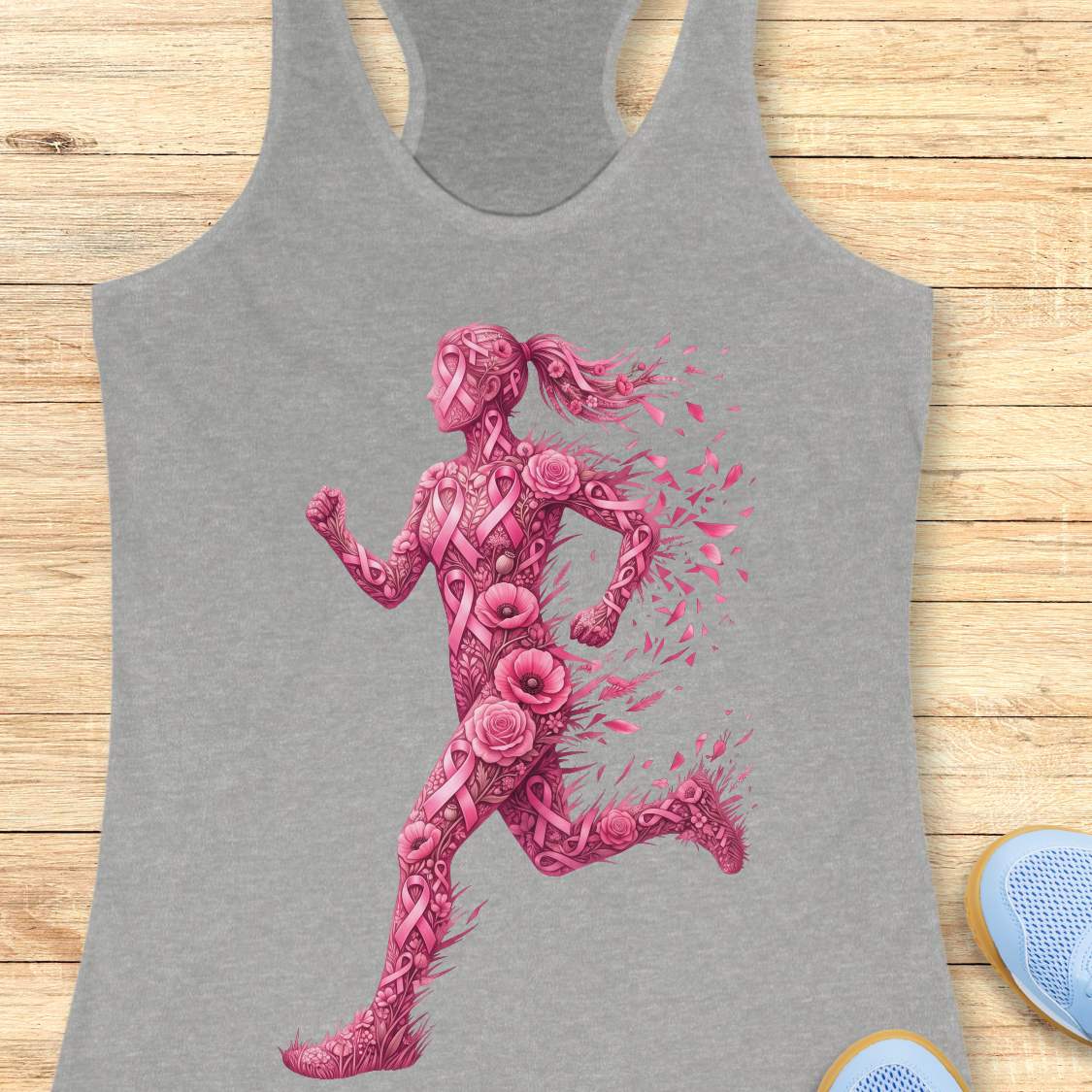 A heather gray racerback tank top featuring a large pink graphic of a running female figure made of pink awareness ribbons and roses, laid flat on a light wood background.