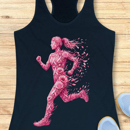 A navy racerback tank top laid flat on a light wood surface, featuring a large pink graphic of a running woman made of floral and ribbon-like patterns. Part of a white sneaker is visible at the bottom right.