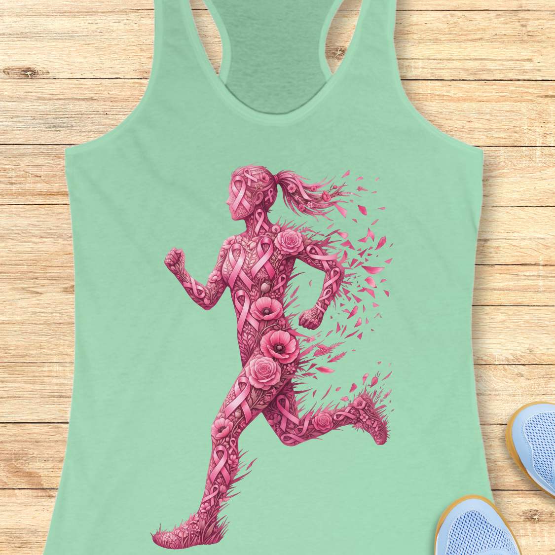 A mint green racerback tank top featuring a large pink graphic of a running woman made of roses and pink awareness ribbons, laid flat on a light wood background with partial blue sneakers visible at the bottom right.