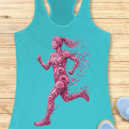 A turquoise racerback tank top laid flat on a light wood surface, featuring a large pink graphic of a running woman composed of floral and ribbon-like patterns. Partial blue shoes are visible at the bottom right as styling props.