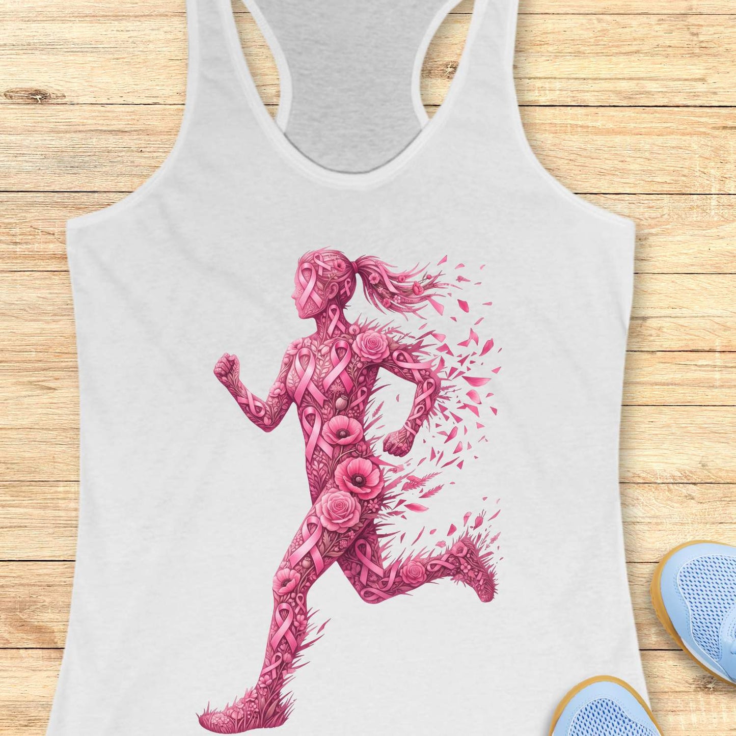 A white racerback tank top featuring a large pink graphic of a running female figure made of roses and floral patterns, displayed flat on a light wood background with blue sneakers partially visible at the bottom right.