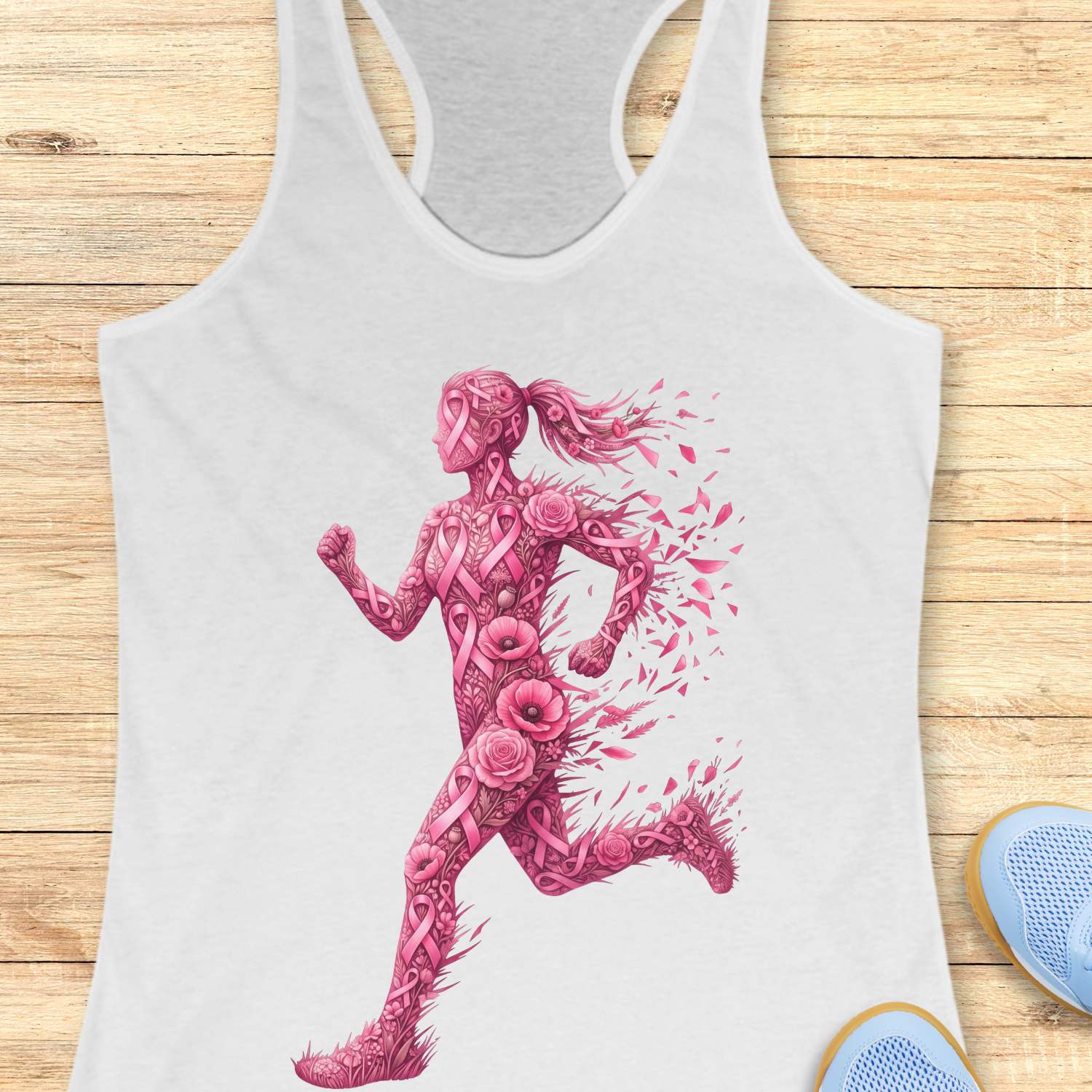 A white racerback tank top featuring a large pink graphic of a running female figure made of roses and floral patterns, displayed flat on a light wood background with blue sneakers partially visible at the bottom right.