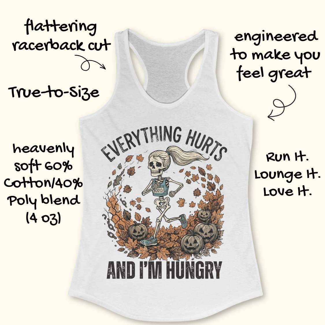 A white racerback tank top with a Halloween-themed graphic of a skeleton running through autumn leaves and pumpkins, surrounded by promotional text callouts on a light cream background.