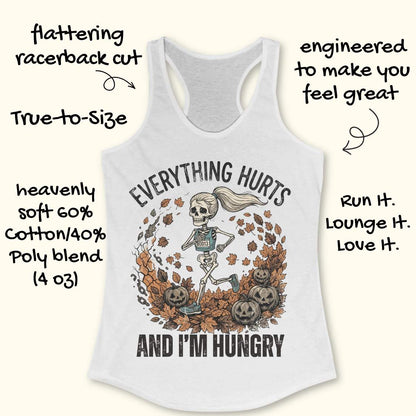 A white racerback tank top with a Halloween-themed graphic of a skeleton running through autumn leaves and pumpkins, surrounded by promotional text callouts on a light cream background.