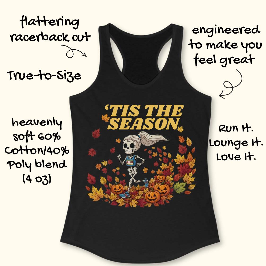 A black racerback tank top laid flat on a light wood surface, featuring a Halloween graphic of a skeleton running through autumn leaves with the text “'TIS THE SEASON” in dark red. A partial light blue shoe is visible at the bottom right corner.