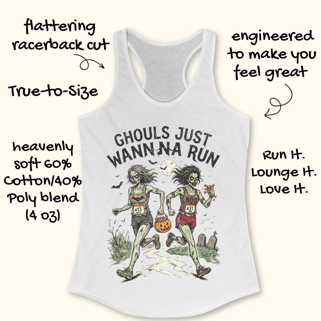 A white racerback tank top laid flat on a light wood surface, featuring a Halloween graphic of two zombie runners with the text 'GHOULS JUST WANNNA RUN' and a jack-o'-lantern. Part of a blue shoe is visible at the bottom right.