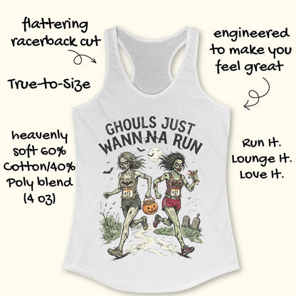 A white racerback tank top laid flat on a light wood surface, featuring a Halloween graphic of two zombie runners with the text 'GHOULS JUST WANNNA RUN' and a jack-o'-lantern. Part of a blue shoe is visible at the bottom right.