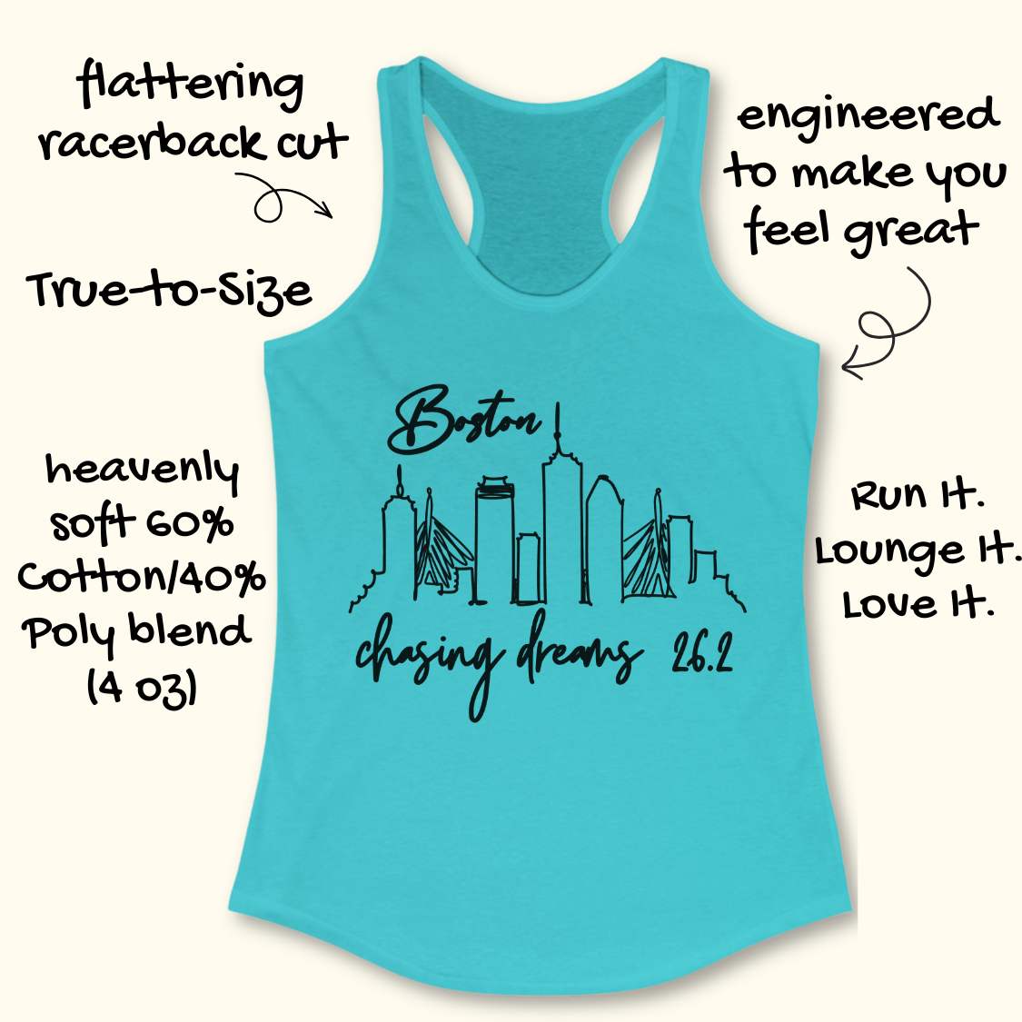 Blue tank top with Boston skyline design and text Boston chasing dreams 26.2, on a white background