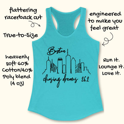 Blue tank top with Boston skyline design and text Boston chasing dreams 26.2, on a white background