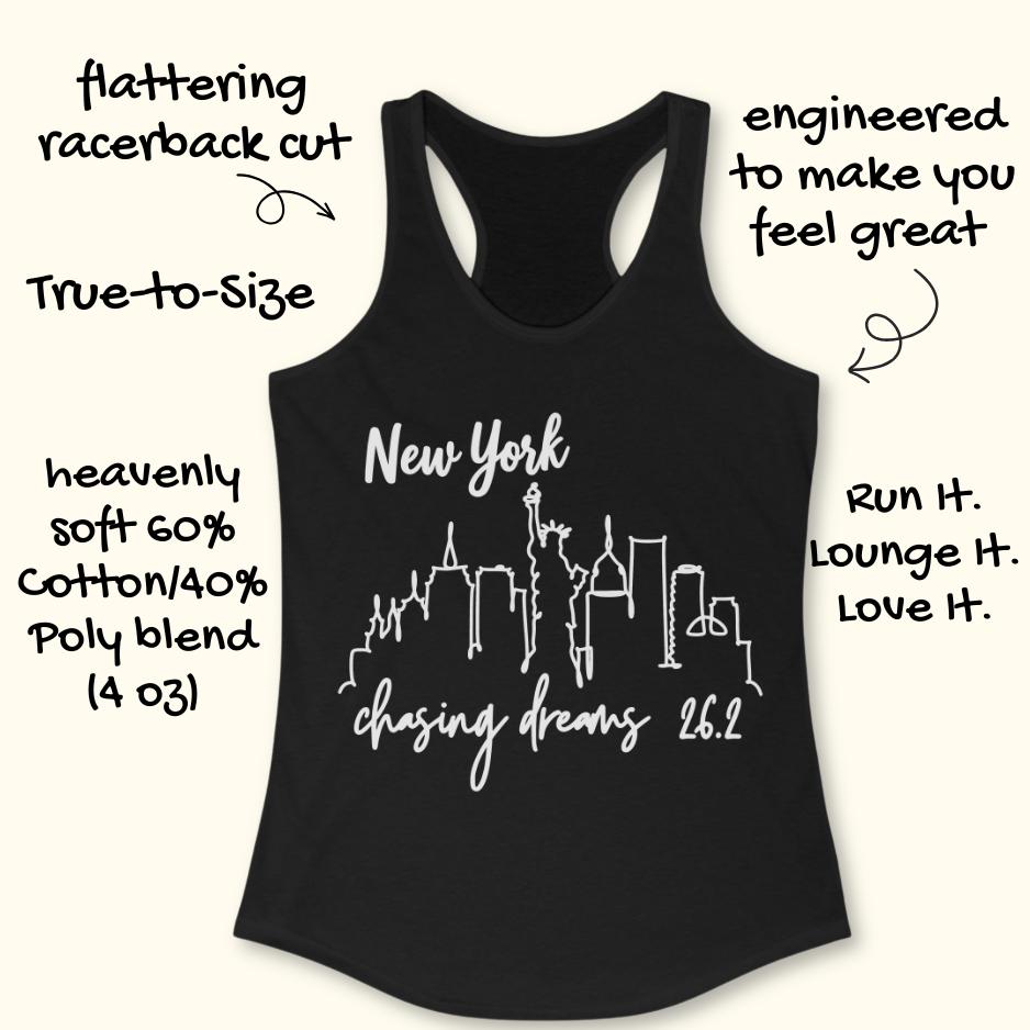 black tank top with new york skyline and text - New York, chasing dreams 262., on a white background