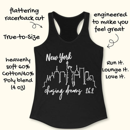black tank top with new york skyline and text - New York, chasing dreams 262., on a white background