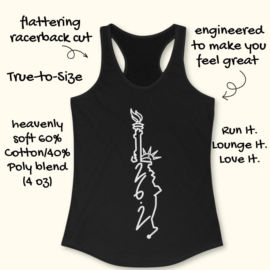 black tank top with an image of lady liberty and the number 26.2 with a white background