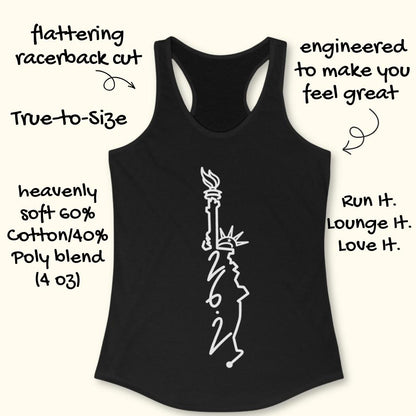 black tank top with an image of lady liberty and the number 26.2 with a white background