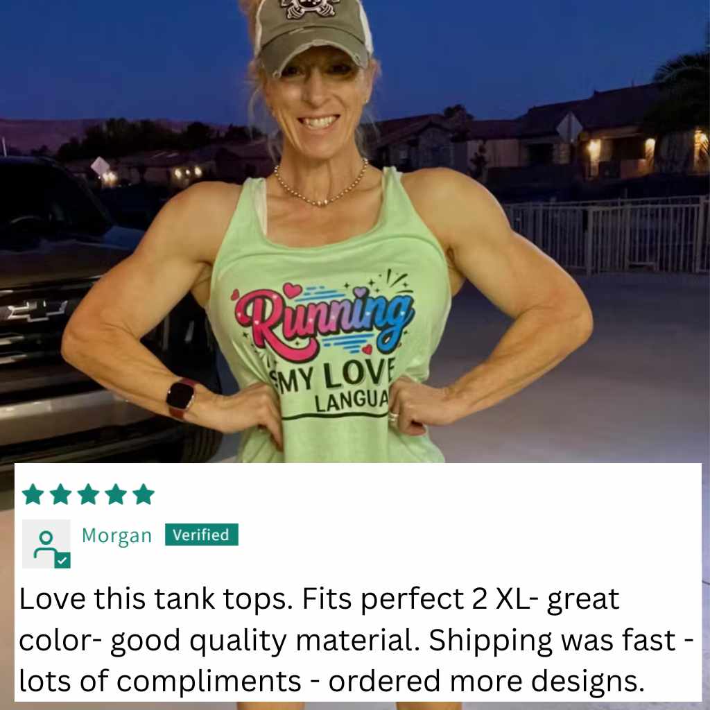 Woman wearing a green tank top with 'Running is my love language' text, standing outdoors.
