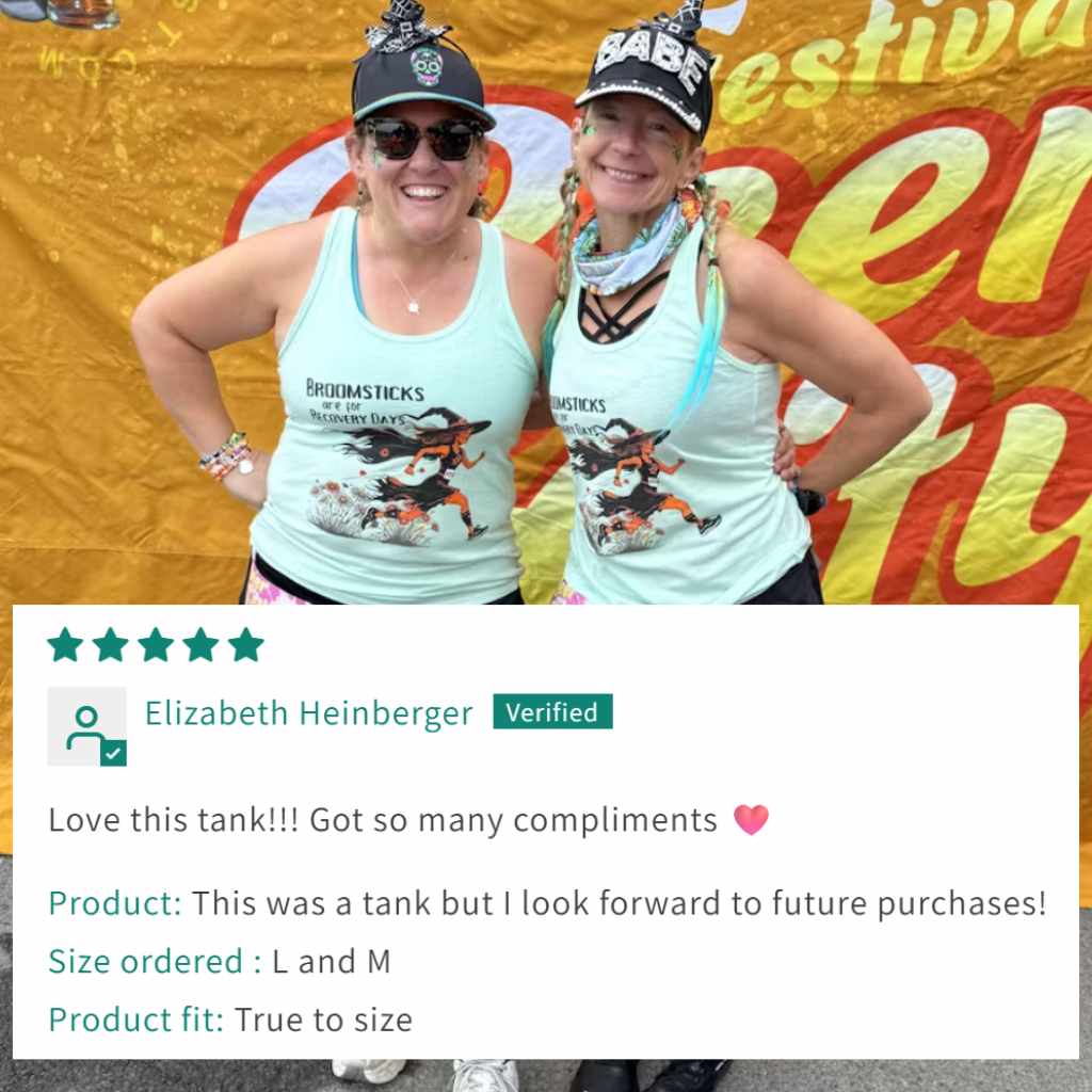 Two women wearing matching tank tops with a product review overlay.