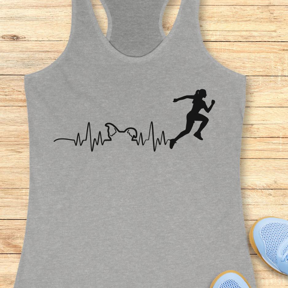 grey tank top with an image of an electrocardiogram with dog ears and a woman runner silhouette, on a wooden background