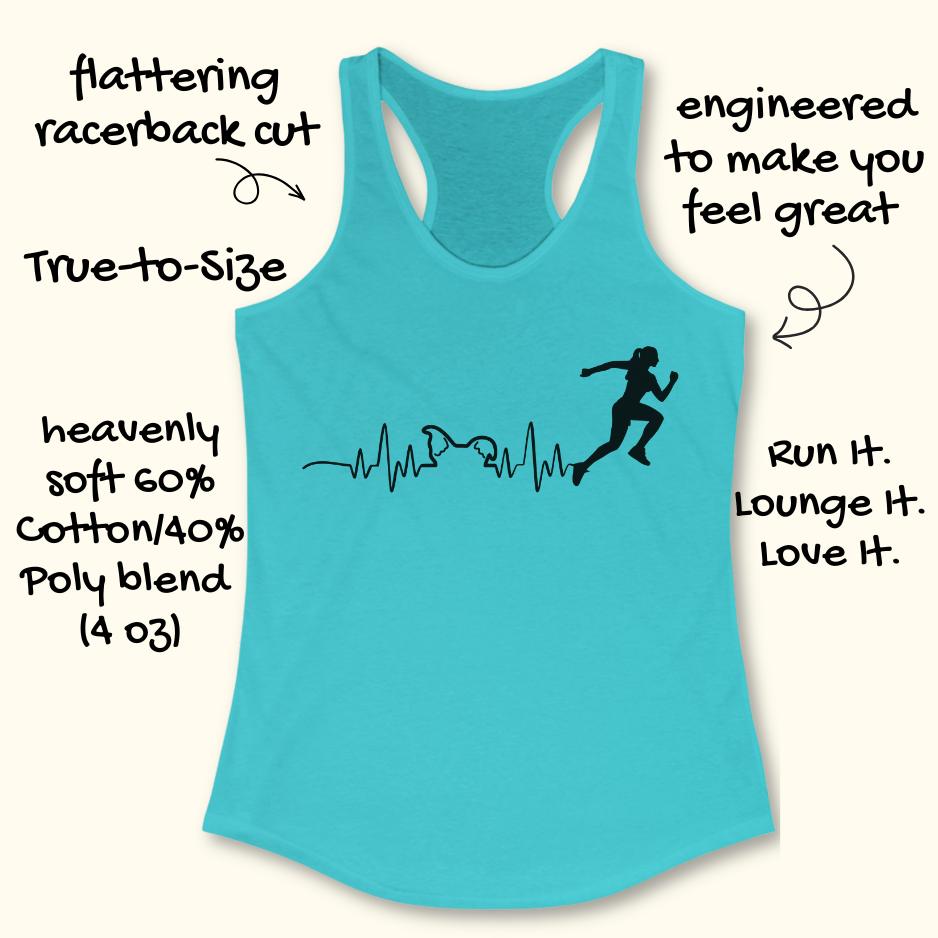 blue tank top with an image of an electrocardiogram with dog ears and a woman runner silhouette, on a white background