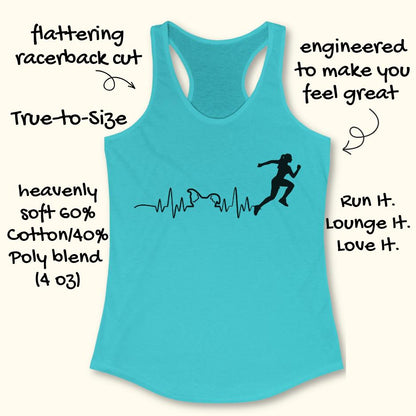 blue tank top with an image of an electrocardiogram with dog ears and a woman runner silhouette, on a white background
