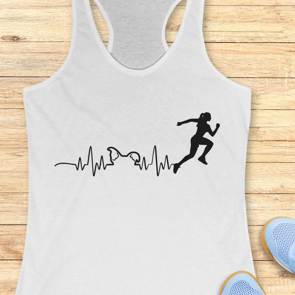 white tank top with an image of an electrocardiogram with dog ears and a woman runner silhouette, on a wooden background