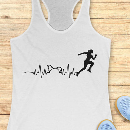 white tank top with an image of an electrocardiogram with dog ears and a woman runner silhouette, on a wooden background