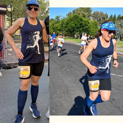 A side-by-side collage shows a woman running and standing at what appears to be a race or marathon. She wears a navy sleeveless athletic tank top with a white running graphic, black shorts, blue knee-high socks, blue running shoes, and a blue patterned visor.