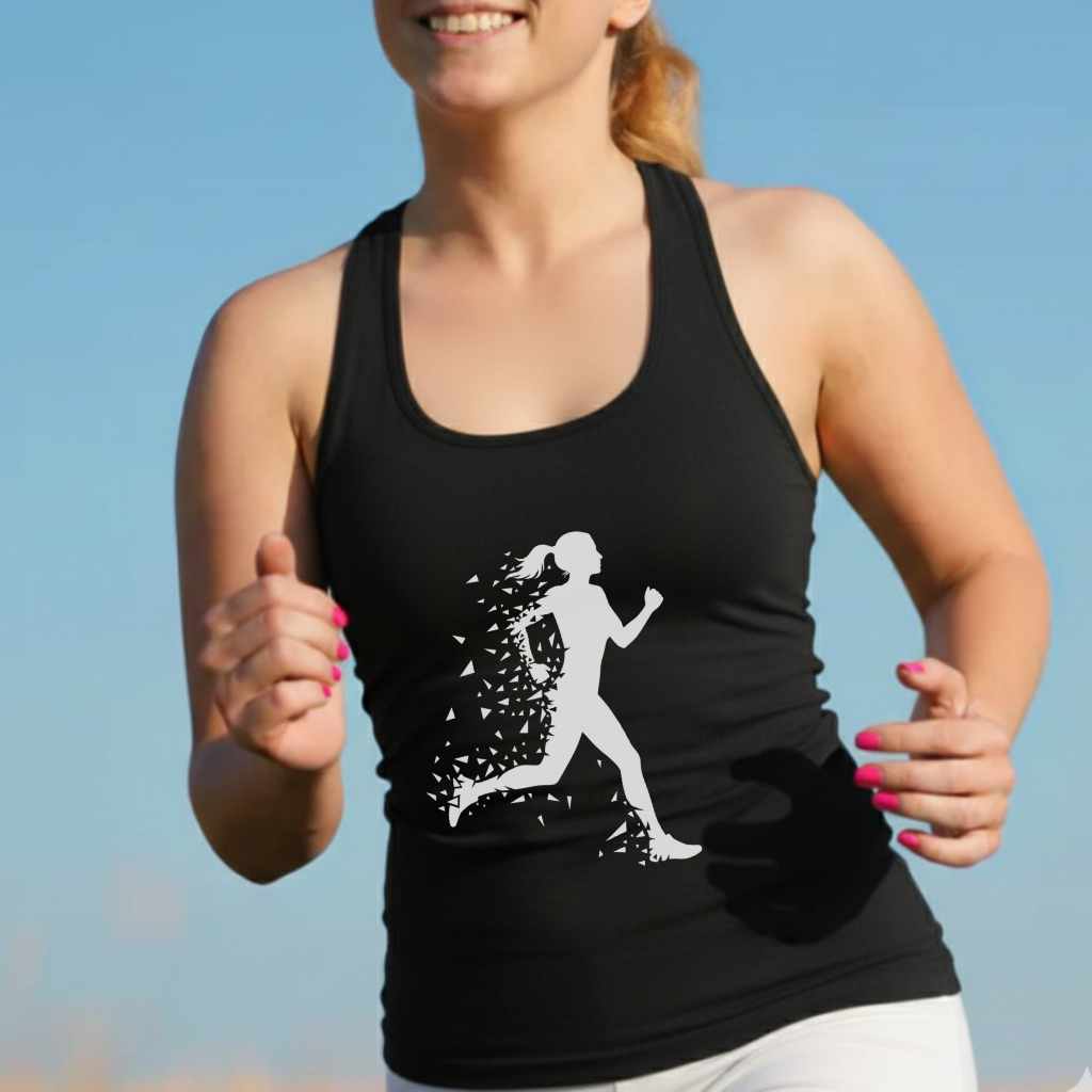 Photograph of a smiling woman running outdoors under a clear blue sky, wearing a black tank top featuring a white geometric runner design and bright pink nail polish on her hands