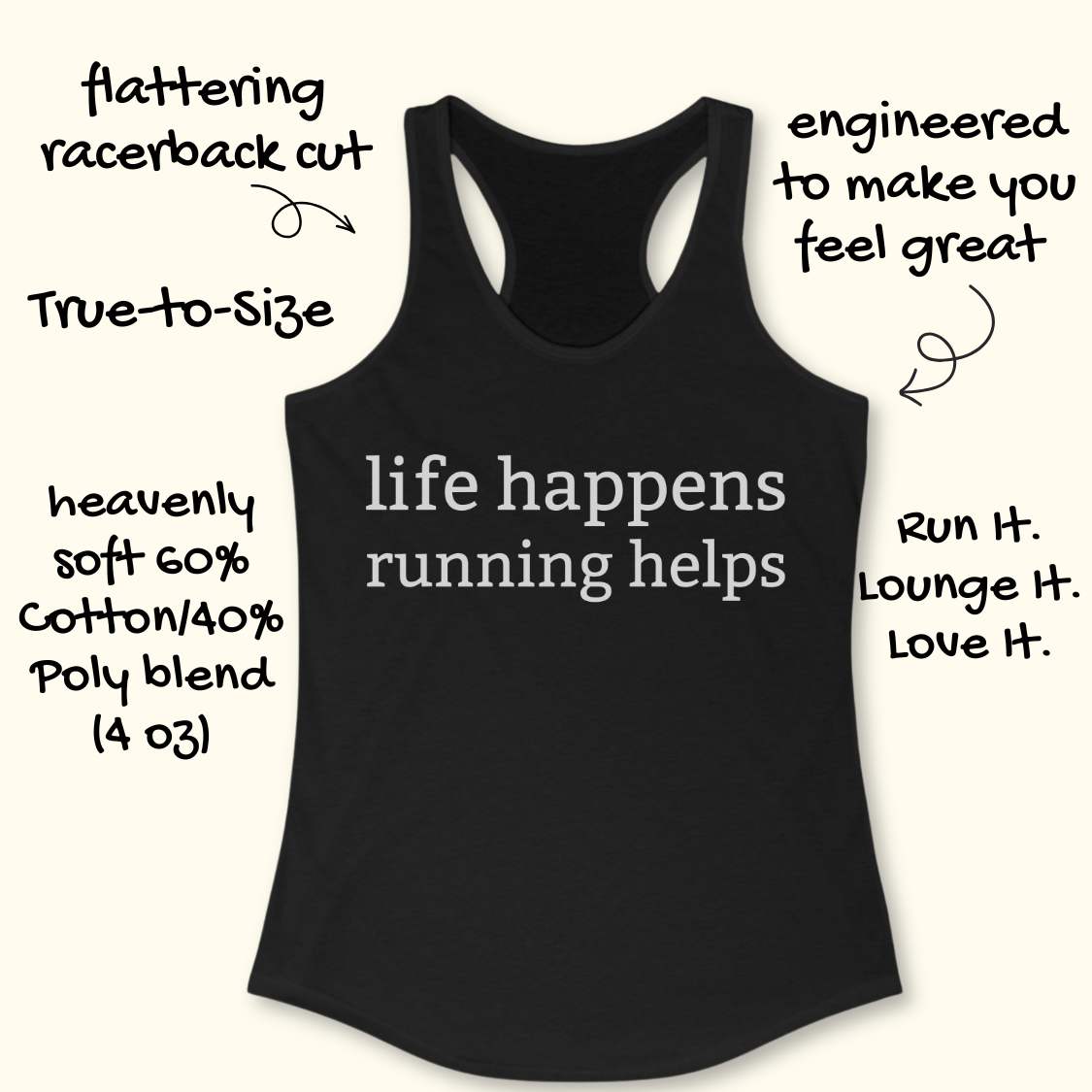 Black tank top with 'life happens running helps' text on a white background