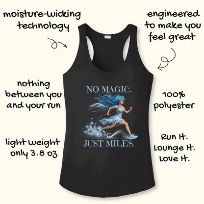 A black performance racerback tank top with a graphic of a running woman and the text 'NO MAGIC. JUST MILES.