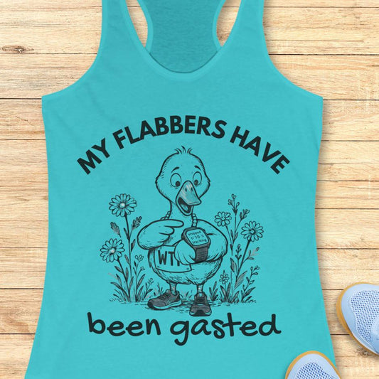 blue tank top with an image of a duck runner looking at their GPS watch, flowers in the background, and a text - my flabbers have been gasted, on a wooden background