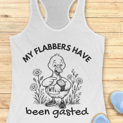 white tank top with an image of a duck runner looking at their GPS watch, flowers in the background, and a text - my flabbers have been gasted, on a wooden background