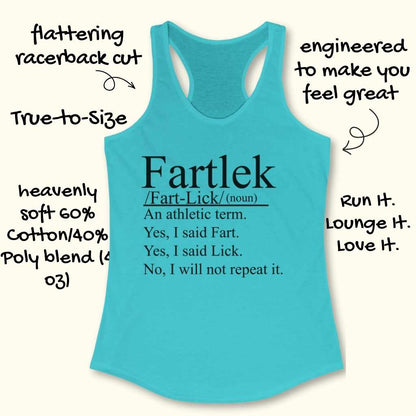 Graphic design of a turquoise racerback tank top featuring black text defining "Fartlek" as an athletic term along with descriptions like "heavenly soft 60% Cotton/40% Poly blend" and a "flattering racerback cut"